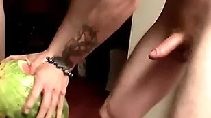 Three straight deviants fuck watermelons plus prepare to cum