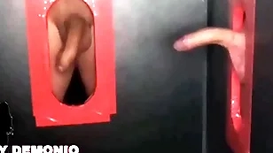Blowjob with oftentimes of saliva in a double glory hole to two strangers pequeydemonio.com