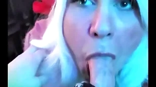 Blonde elf pukes cum: femkittenboy bj makes him cum 3 times, ends back exploding cum puking throatpie