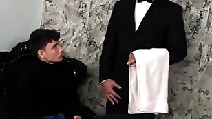 (simon best) rides his butler's (denny chris) hard dick until he unloads overhead his face - bromo