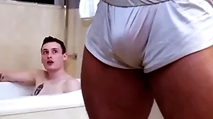 Showerbait big dick interracial shower fuck close by facial