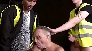 Toothless grandpa sucks yoke miners