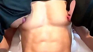 Astounding fit six pack and big pecs asian guy nipple played and sucked