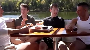 Step daddies foursome fuck gay step sons on a boat driveway