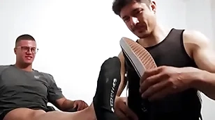 Tall hunk with glasses foot admired by unnatural homosexual