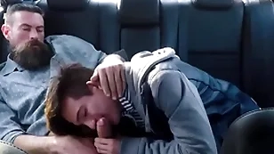 Twink step son and his step dad fuck in the back seat of their car during driving practice