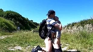 Horny hikers end alongside having devil-may-care public sex on bench