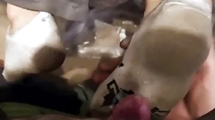 Two young guys exploitive socks footjob
